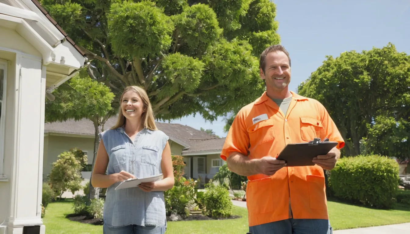 A homeowner talking with a local tree provider in a Canton front yard